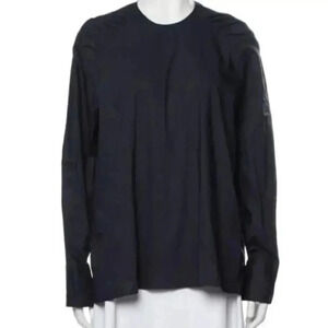 Thakoon Ruched Shoulders Cotton Crew Neck Long Sleeve Blouse